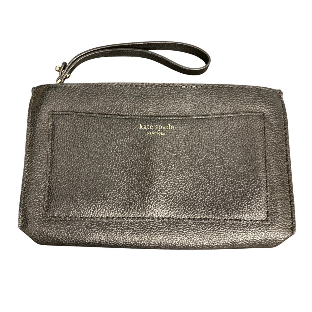 Kate Spade New York Large Leather Wristlet Clutch Zip Pouch Black Organizer